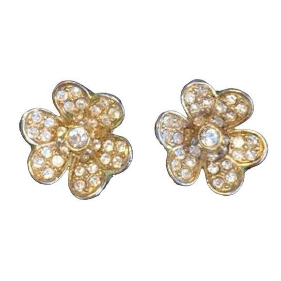 Anthropologie 14k Gold Plated Cubic Zirconium Pave Heart Floral Stud Earrings - Picture 1 of 7